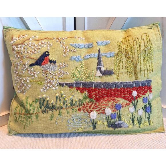 VTG Crewel Embroidery 13.75 X 9.85" Green Pillow Bird In Nest/Church/Willow Tree - Picture 1 of 9